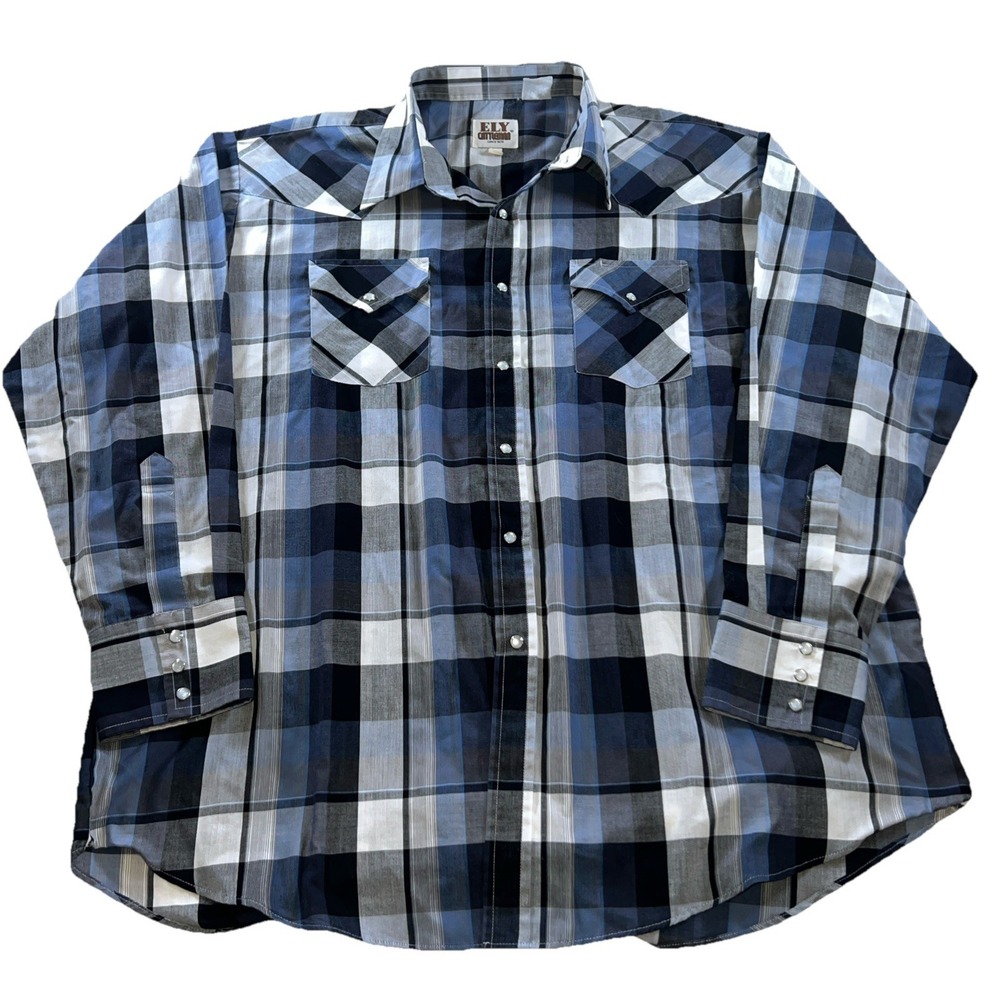 Ely Cattleman Pearl Snap Shirt Mens XXL Blue Black Plaid Long Sleeve Western